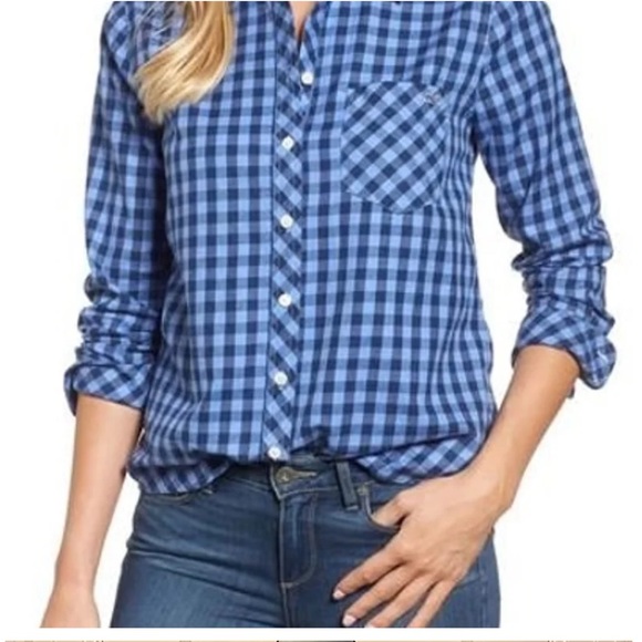 Vineyard Vines Blue Plaid Button Down Shirt Cashmere Blend Preppy Style Size 4 - Picture 1 of 6